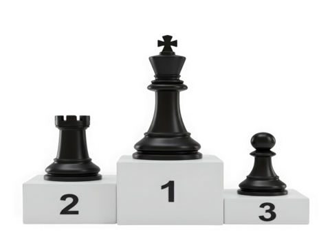Black chess pieces rank on a white podium with numbers 1 2 3 strategic game display
