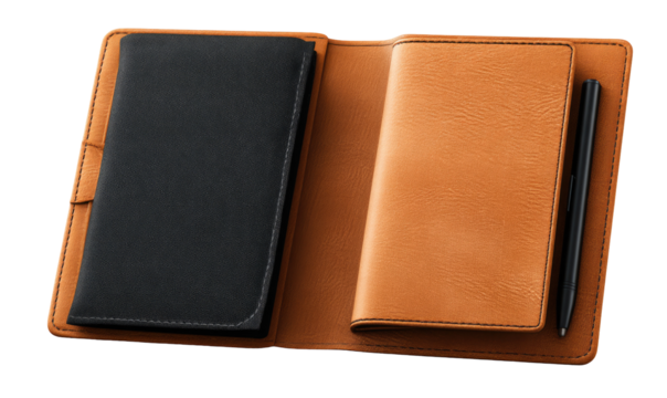 Open tan leather organizer with black interior pocket and pen