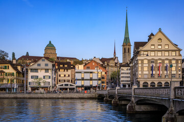 Waterfront cityscape with historic buildings on the Limmat, Zurich, Switzerland