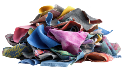 Pile of colorful, textured fabric scraps, creating a messy heap