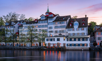 Waterfront cityscape with historic buildings on the Limmat, Zurich, Switzerland