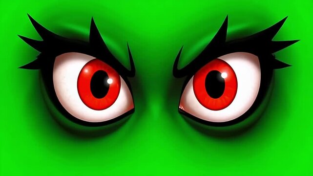 Intense red eyes peer intensely from a vibrant green background, hinting at a dramatic, suspenseful, or mysterious video narrative unfolding.