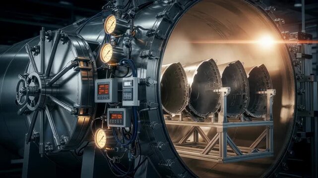 Specialized thermal autoclave chamber with pressure gauges and sensors curing composite airplane fuselage sections.