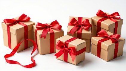 Obraz premium Eco-friendly gift boxes with classic red ribbons, isolated on white. Perfect for holiday or celebratory packaging, anniversary, decoration