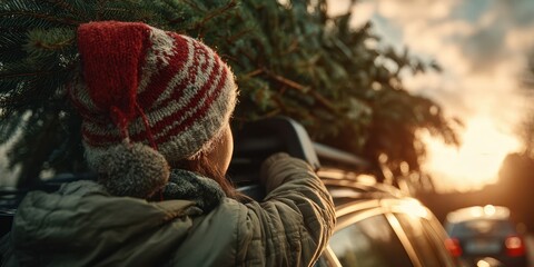 Festive spirit shines as a child secures a Christmas tree atop a car during sunset