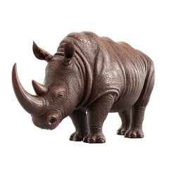Obraz premium Detailed close-up of a brown rhino figurine. Textured skin, large horn, and strong pose
