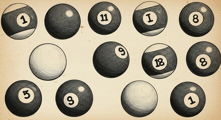 Monochrome billiard balls composition with varying numbers for game enthusiasm