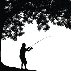 Silhouette of a man fishing under a large tree with lush foliage nature