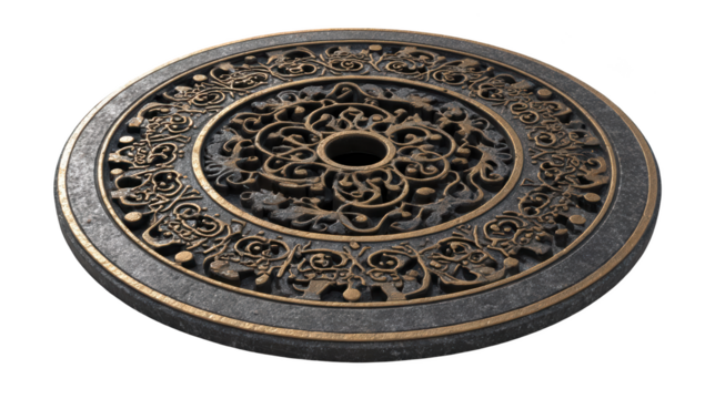Ornate, circular metal plate with elaborate floral and scroll patterns, aged look