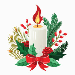 A tall white candle with a flaming top surrounded by festive christmas greenery and red berries with a red bow vector