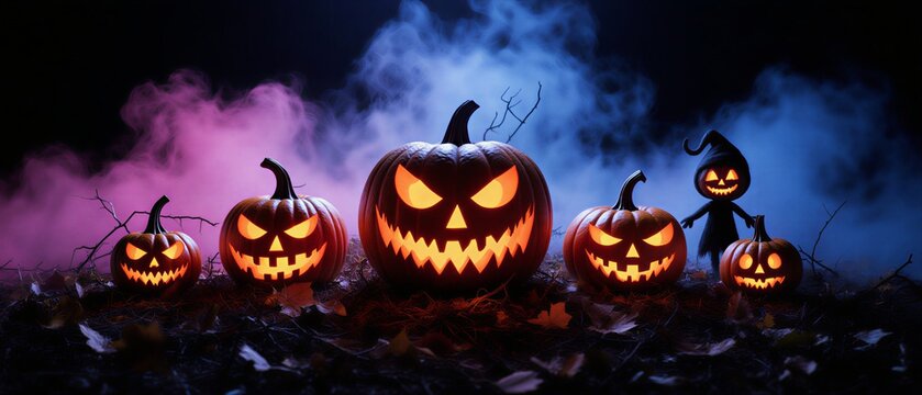 neon jack-o'-lanterns glowing in the dark halloween party atmosphere | halloween party, halloween decoration, halloween event, halloween celebration, fall festival theme - Powered by Adobe