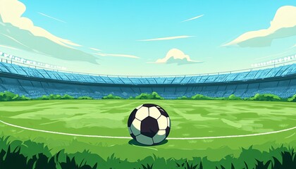 A single soccer ball sits on the center of a green field within a large, mostly empty stadium under a bright sky.