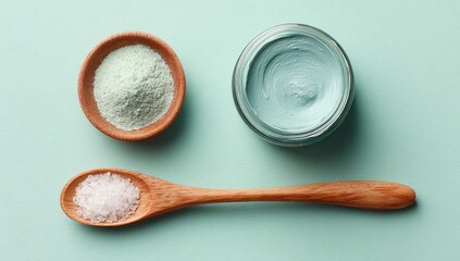 Light teal background displays a small, wooden bowl of pale green powder, a small jar of light blue clay mask, and a wooden spoon with coarse sea salt
