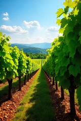 Naklejka premium Rows of lush grapevines stretching across a sun-drenched hillside, ripe bunches of grapes hanging heavy, ready for harvest A picturesque vineyard scene perfect for wine country imagery , row, crop