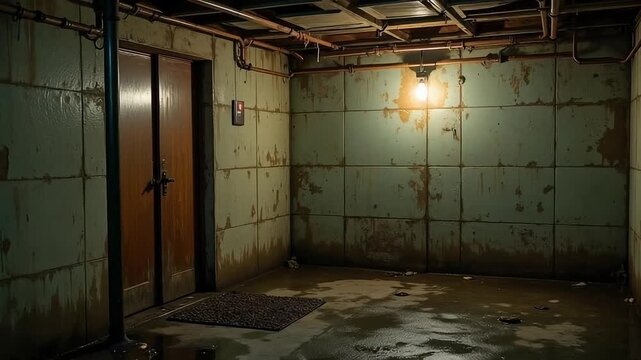 Creepy abandoned basement with water damage and exposed pipes, evoking mystery and suspense for horror or thriller scenes.