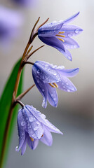 Close up of delicate wild bluebells with dewdrops for nature design