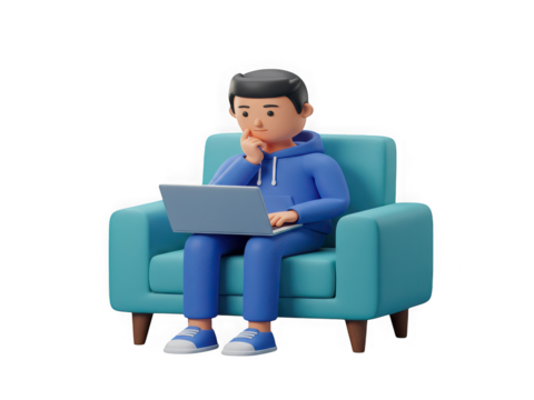 3d cartoon character thoughtfully working on laptop while sitting on comfortable sofa