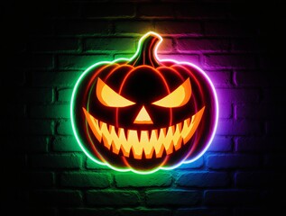 neon halloween jack-o'-lantern on vibrant brick wall for spooky party decor | halloween decoration, party themes, seasonal decor, holiday parties, dark ambiance theme