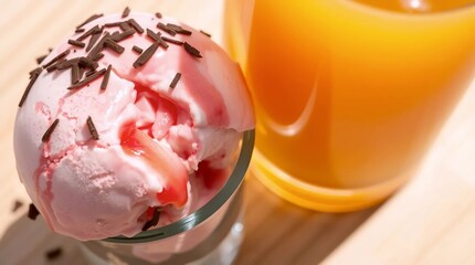 strawberry ice cream with juice and chocolate shavings