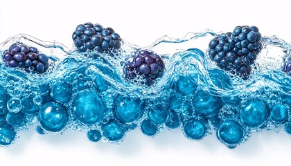 Several ripe blackberries are submerged in sparkling, clear blue water, creating a dynamic and refreshing image.