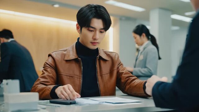 A man is sitting at a desk and handing a piece of paper to another person. The man is wearing a brown jacket