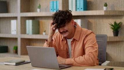 Male guy Caucasian businessman tired exhausted business man worker employee online work laptop...
