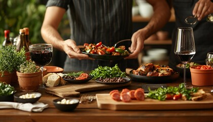 Naklejka premium A person is holding a plate of food while another person pours wine at a table with various dishes and drinks.