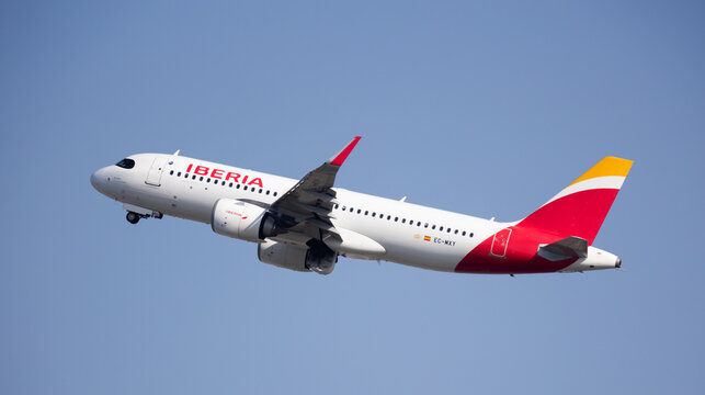 BARCELONA, SPAIN - AUGUST 18, 2023: Airliner Airbus A320-251N EC-MXY initiates its takeoff sequence, utilizing its propulsion systems efficiently.