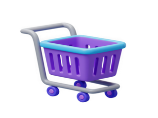 Bright purple shopping cart 3d render with blue accents ideal for online stores