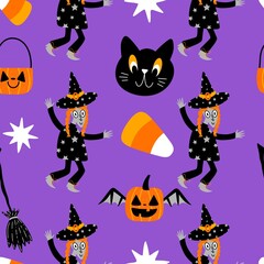 Halloween witch seamless cats pattern for wrapping paper and fabrics and linens and kids clothes print