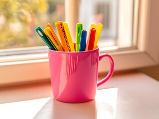 Colorful Writing Tools in Pink Cup on Sunlit Window Sill - Creative Home Office Organization and Decor