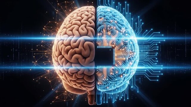 Half human brain and half circuit board with blue light on a dark background
