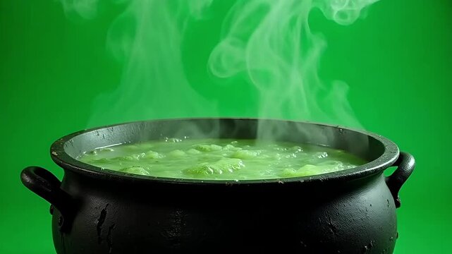 Bubbling green potion steams vigorously in a rustic black cauldron, evoking mystery and magic on a vibrant green backdrop.