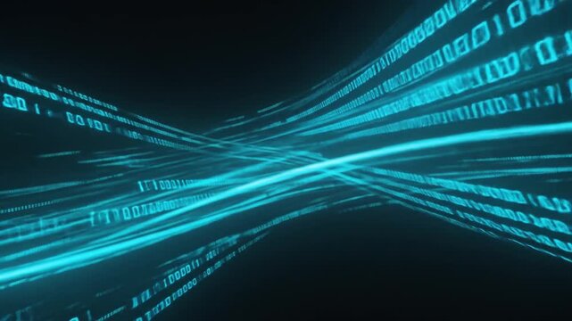 Abstract representation of digital data flow with glowing binary code against a dark background