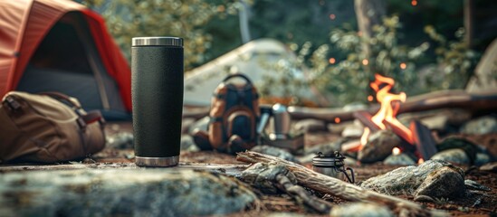 Obraz premium A stainless steel water bottle sits on a rock near a campfire and tent in the wilderness.