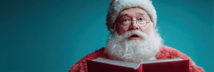 Naklejka premium Santa Claus holds a large red book while looking surprised against a bright blue background during the holiday season