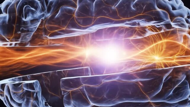 Illustrated brain with sections and glowing light in a dark blue background