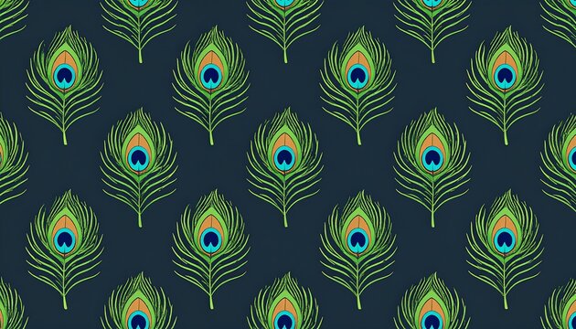 A repeating pattern of vibrant peacock feathers, showcasing a rich array of greens, blues, and oranges on a deep navy background.