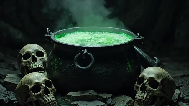 Mysterious bubbling cauldron with glowing green potion surrounded by ancient skulls in a dimly lit, smoky cavern creating an eerie and mystical atmosphere for fantasy or horror themes
