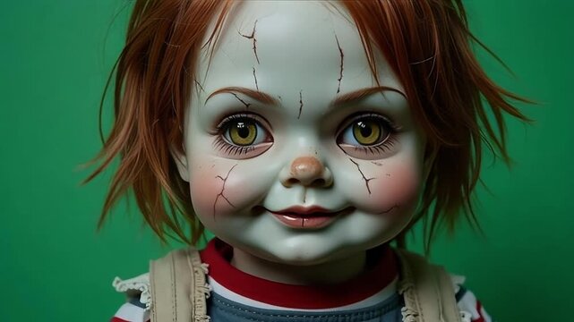 Creepy doll with wide eyes and cracked porcelain skin, unsettling grin, and messy red hair, captured in a video frame for horror themes.