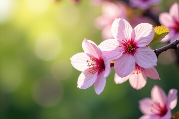 Obraz premium Blooming cherry blossoms in a lush greenery with subtle light filtering through the delicate petals, pink, soft focus