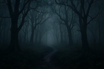 Fototapeta premium Spooky Halloween forest in the fog at night