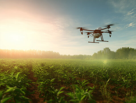 Drone spraying fertilizer on agricultural field at sunrise