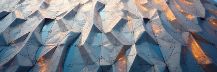 Geometric steel panels clad modern building facade, angles, metal