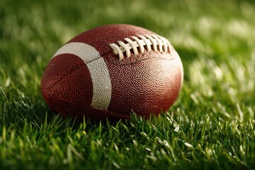 Classic brown football on a grassy field under bright sunlight