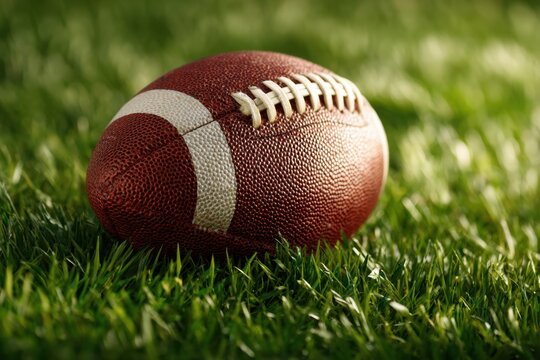 Classic brown football on a grassy field under bright sunlight