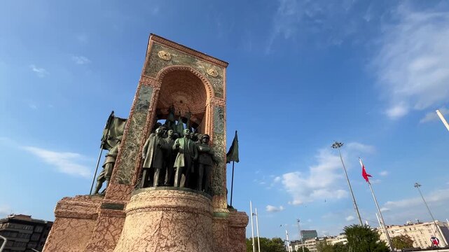 Republic Monument and Ataturk Statue at Taksim Square in Istanbul, Turkey. (4K video)