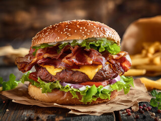 Delicious cheeseburger with crispy bacon and french fries on rustic wooden table