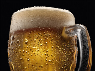 Refreshing mug of cold beer with condensation and foam on black background
