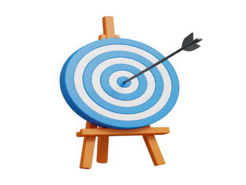 Archery target with arrow in bullseye achieving goal success and precision on stand